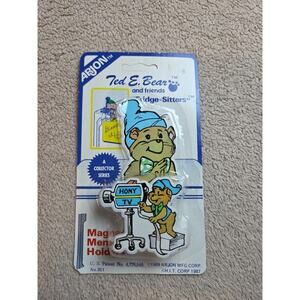 Teddy Bear Magnet NOS 1987 Arjon Fridge Sitter Ted E Bear Memo Holder Plastic